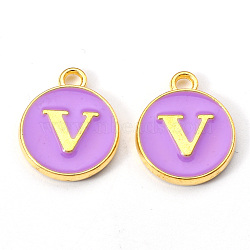 Golden Plated Alloy Enamel Charms, Enamelled Sequins, Flat Round with Letter, Medium Purple, Letter.V, 14x12x2mm, Hole: 1.5mm(ENAM-S118-10V)