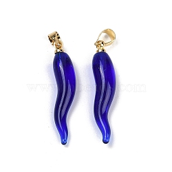 Handmade Lampwork with Brass Pendants, Horn of Plenty Charms, Midnight Blue, 26.5x6.5x6.5mm, Hole: 5x3.5mm(KK-Q095-02B-01)