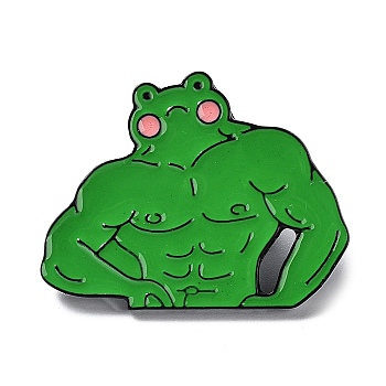 Black Zinc Alloy Brooches, Muscular Fitness Frog Enamel Pins, Green, 24x31.5x1mm