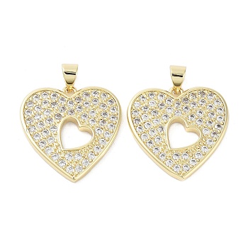 Heart Brass Micro Pave Cubic Zirconia Pendants, Cadmium Free & Lead Free, Long-Lasting Plated, Real 18K Gold Plated, Clear, 22x22x2mm, Hole: 4x3.5mm