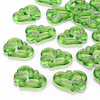 Transparent Acrylic Beads, Heart to Heart, Green, 27x34x6mm, Hole: 3mm, about 191pcs/500g