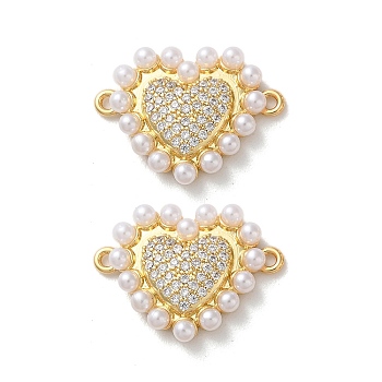 Brass Micro Pave Clear Cubic Zirconia Heart Links, with ABS Plastic Imitation Pearl, Real 16K Gold Plated, 16x21.5x3.5mm, Hole: 1.2mm