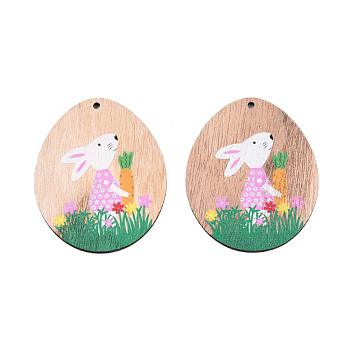 Single-Sided Printed Wood Big Pendants, Oval Charm with Mouse, Pearl Pink, 73x59x3mm, Hole: 3mm