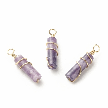 Natural Lilac Jade Pendants, with Light Gold Tone Eco-Friendly Copper Wire Wrapped, Column, 20~21x5~5.5mm, Hole: 2.3~2.8mm