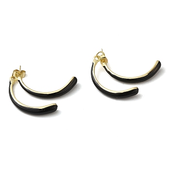 Alloy Enamel Stud Earrings, Light Gold Tone Front Back Stud Earrings for Women, Black, 30.5x3mm