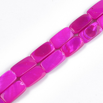 Spray Painted Freshwater Shell Beads, Rectangle, Magenta, 14~15x7~8.5x3mm, Hole: 0.5mm, about 20~26pcs/strand, 12 inch~15.5 inch