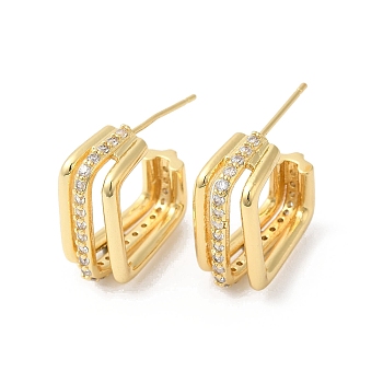 Clear Cubic Zirconia Square Stud Earrings, Brass Half Hoop Earrings for Women, Real 18K Gold Plated, 18.5x18mm