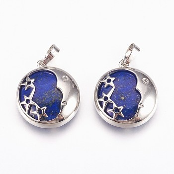 Natural Lapis Lazuli Pendants, with Brass Findings, Flat Round with Star, Platinum, 27x23x6.5mm, Hole: 5x8mm
