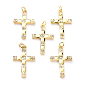 Brass Micro Pave Clear Cubic Zirconia Pendants, with Jump Ring, Long-Lasting Plated, Cross, Real 18K Gold Plated, 25x16x2mm, Jump Rings: 5x1mm, 3.5mm Inner Diameter