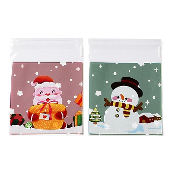 Christmas Theme Plastic Bakeware Bag, with Self-adhesive, for Chocolate, Candy, Cookies, Square with Santa Claus & Snowman, Mixed Shapes, 131~132x99~100x0.1mm, Inner Diameter: 99.5~100x99.5~100mm, 2 styles, 50pcs/style, 100pcs/bag