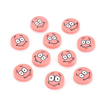 Handmade Polymer Clay Cabochons, Flat Round with Expression, Salmon, 9~10x1~2mm, about 5000pcs/1000g