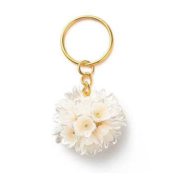Flower Spray Paint ABS Plastic Imitation Pearl Pendant Keychain, with Iron Split Key Rings, Golden, 7.15cm
