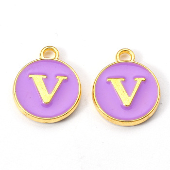 Golden Plated Alloy Enamel Charms, Enamelled Sequins, Flat Round with Letter, Medium Purple, Letter.V, 14x12x2mm, Hole: 1.5mm
