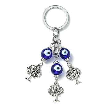 Alloy Tree of Life Pendant Keychain, with Handmade Evil Eye Lampwork Beads and Split Key Rings, Dark Blue, 10.5cm