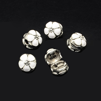 Alloy Enamel European Clasps, Flower Large Hole Beads, Antique Silver, White, 11x12mm, Hole: 3mm