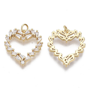 Brass Micro Pave Cubic Zirconia Pendants, with Jump Rings, Nickel Free, Heart, Clear, Real 16K Gold Plated, 22x20x3.5mm, Hole: 3mm