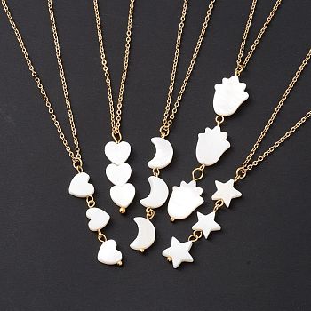Natural Shell Pendant Necklace with 304 Stainless Steel Chains for Women, Mixed Shape, White, 17.76~17.91 inch(45.1~45.5cm)