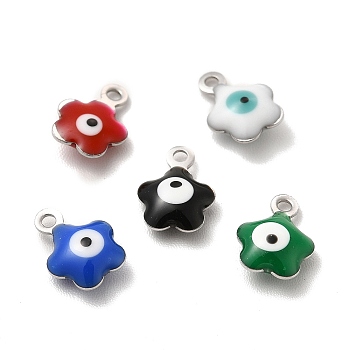304 Stainless Steel Enamel Charms, Flower with Evil Eye Charm, Stainless Steel Color, Mixed Color, 8.5x6.5x2.5mm, Hole: 1mm