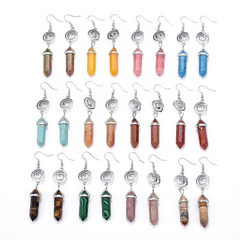 Pointed Bullet Natural & Synthetic Mixed Gemstone Dangle Earrings, with Brass Earring Hooks and Vortex Links, Platinum, 77mm, Pin: 0.7mm