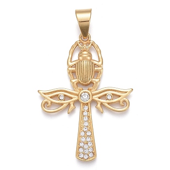 304 Stainless Steel Big Pendants, with Crystal Rhinestone, Cross with Eye of Horus & Spider, Golden, 55.5x40x4.5mm, Hole: 8x11mm