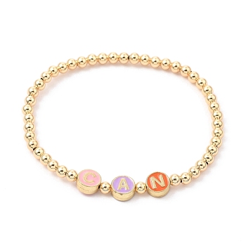 Brass Stretch Beaded Bracelets, with Flat Round Alloy Enamel Beads, Word Can, Golden, Inner Diameter: 2-1/4 inch(5.85cm)
