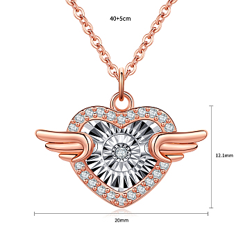 Heart with Wing Stainless Steel Pendant Necklace, with Clear Cubic Zirconia and Morganite, Fashionable Accessory, Rose Gold, 15.75 inch(40cm)