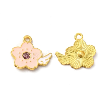 Golden Pink Flower Alloy Rhinestone+Enamel Pendants