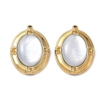 Natural Freshwater Shell Pendants, 304 Stainless Steel Oval Charms, Real 18K Gold Plated, Ion Plating(IP), White, 27.5~28x20x5mm, Hole: 1.4mm(STAS-G397-24G-01)