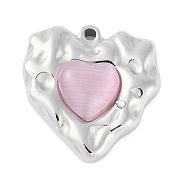 304 Stainless Steel Pendants, with Cat Eye, Heart Charm, Stainless Steel Color, Pink, 18.5x18x5mm, Hole: 1.4mm(STAS-L022-046P-02)