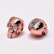 Brass Beads, Micro Pave Grade AAA Cubic Zirconia, Skull, Cadmium Free & Nickel Free & Lead Free, Real Rose Gold Plated, 12.5x9x10mm, Hole: 2mm(KK-G270-04-NR)