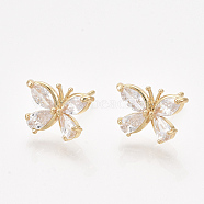 Brass Earring Studs, with Cubic Zirconia, Butterfly, Real 18K Gold Plated, 9.5x13.5mm, Pin: 0.8mm(X-KK-S348-423)