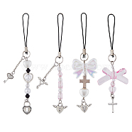 Acrylic Bowknot Heart Pearl Mobile Straps, Alloy Pendants and Nylon Cord Mobile Accessories Decoration, Mixed Color, 11~13cm, 4pcs/set(HJEW-PH01890)