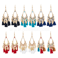 6 Pairs 6 Colors Leaf & Cotton Tassel Chandelier Earrings, Golden Alloy Enamel Long Drop Earrings with Iron Pins, Mixed Color, 95.5x30mm, 1 pair/color(EJEW-FI0003-14)