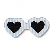 Cute Opaque Printed Acrylic Pendants, Striped Heart Glasses Charm, Light Blue, 55x23.5x2mm, Hole: 2mm(MACR-L002-A06)