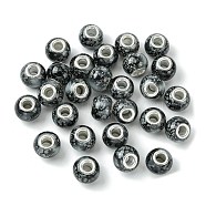 Two Tone Glass European Beads, Large Hole Beads, with Silver Tone Brass Double Cores, Rondelle, Black, 15x11mm, Hole: 5mm(GPDL-K003-01C)