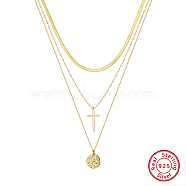 925 Sterling Silver 3 Layer Necklaces, Real 14K Gold Plated, 14.09 inch(35.8cm)(NJEW-L116-07G)