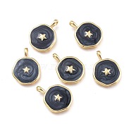 Brass Enamel Pendants, Flat Round with Star Pattern, Golden, Black, 18x14x2.5mm, Hole: 3.5x2mm(X-KK-K248-02A-G)