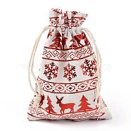 Christmas Theme Cotton Fabric Cloth Bag, Drawstring Bags, for Christmas Party Snack Gift Ornaments, Christmas Themed Pattern, 14x10cm(X-ABAG-H104-B12)