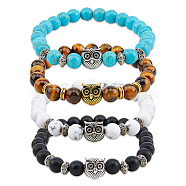FIBLOOM 4Pcs 4 Styles Natural & Synthetic Mixed Gemstone & Glass & Alloy Owl Beaded Stretch Bracelets Set for Women, Inner Diameter: 2-1/8 inch(5.3cm), 1Pc/style(BJEW-FI0001-04)