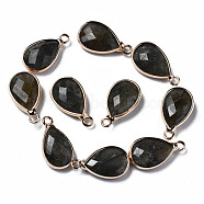 Natural Labradorite Pendants, Faceted, with Golden Plated Brass Edge and Loop, Teardrop, 16.5x9x4.5mm, Hole: 1.6mm(G-Q998-033E)