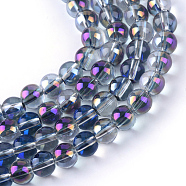 Half Plated Transparent Glass Beads Strands, Rainbow Plated, Round, Purple, 7.5x8.5mm, Hole: 1mm, about 104pcs/strand, 30.3 inch(EGLA-Q062-8mm-B05)