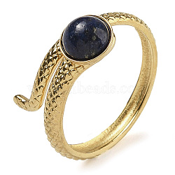 Natural Lapis Lazuli Finger Rings, Snake 304 Stainless Steel Open Cuff Rings, Real 18K Gold Plated, Inner Diameter: 17mm(RJEW-U027-04G-03)