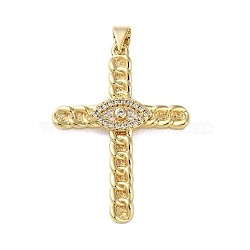 Brass Micro Pave Clear Cubic Zirconia Pendants, Real 18K Gold Plated, Cross, Eye, 36x26~26.5x3~4mm, Hole: 4x3.5mm(KK-A212-06B-G)