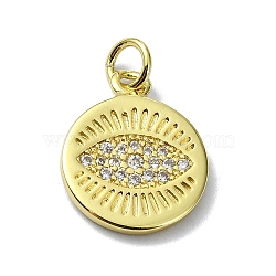 Eye Theme Brass Micro Pave Cubic Zirconia Pendants, with Jump Ring, Real 18K Gold Plated, Round, 16x13x1.5mm, Hole: 3mm(KK-H475-58G-01)