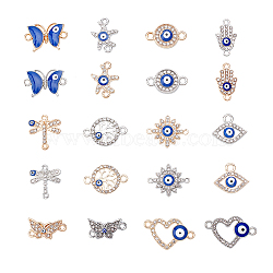 Jewelry Making Findings Kits, including Evil Eye Alloy Enamel Connector Charms and Pendants, with Crystal Rhinestones, Blue, Mixed Shapes, Platinum & Light Gold, 14~24.5x9.5~16.5x2.5~3mm, Hole: 2~2.5mm, 20pcs/set, 2 sets/box(DIY-AR0002-97)