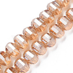 Electroplate Transparent Glass Beads Strands, Faceted, Round, BurlyWood, 10x8~9mm, Hole: 1.5mm, about 58~60pcs/strand, 19.69 inch(50cm)(EGLA-N002-31-F05)