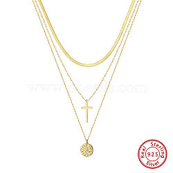 925 Sterling Silver 3 Layer Necklaces, Real 14K Gold Plated, 14.09 inch(35.8cm)(NJEW-L116-07G)