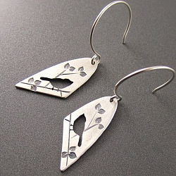 Hollow Bird with Branch Alloy Dangle Earrings, Antique Silver, 40x12mm(FS-WG930CF-01)