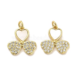 Brass Micro Pave Clear Cubic Zirconia Pendants, with Shell, Jump Rings, Real 18K Gold Plated, Heart, 13x13x2.5mm, Hole: 2.5mm(KK-K365-05C-G)