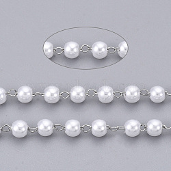 Handmade ABS Plastic Imitation Pearl Beaded Chains, Soldered, with 304 Stainless Steel Chain and Spool, Creamy White, Platinum, Link: 2.5x1.5x0.3mm, about 65.61 Feet(20m)/roll(CHS-T003-01P)